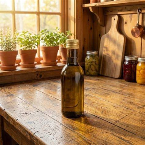 Glazen fles pizza-olie donker bewaren