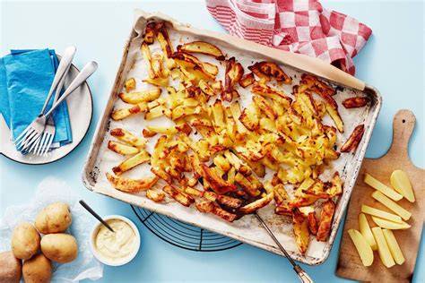 Goudbruine ovenfrietjes op bakplaat