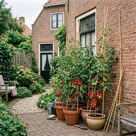 Tomatenplanten tegen zonnige muur