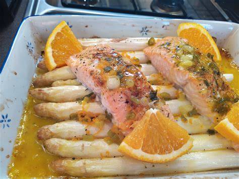 Mul uit de oven met asperges sinaasappel