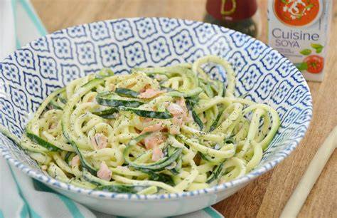 Courgetti met zalm op bord